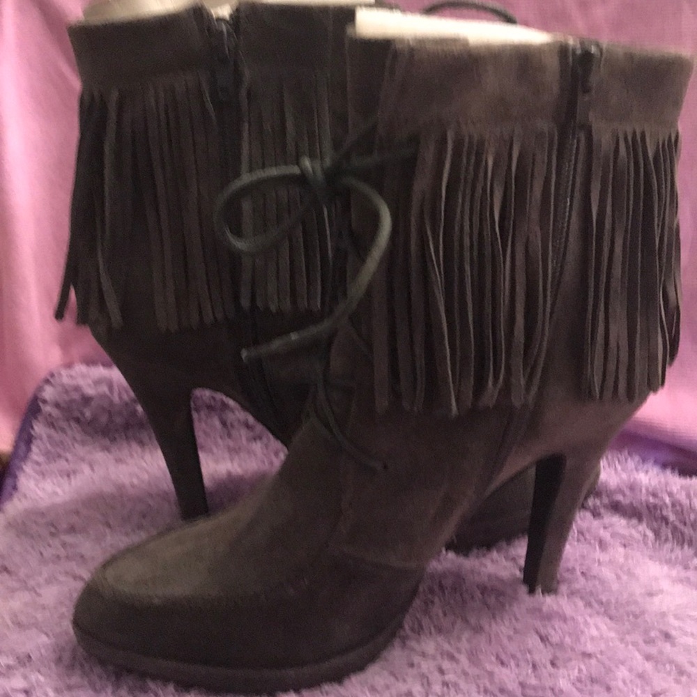 Jeffrey Campbell Ibiza Gray Suede Fringe Boot Stiletto Zip side New